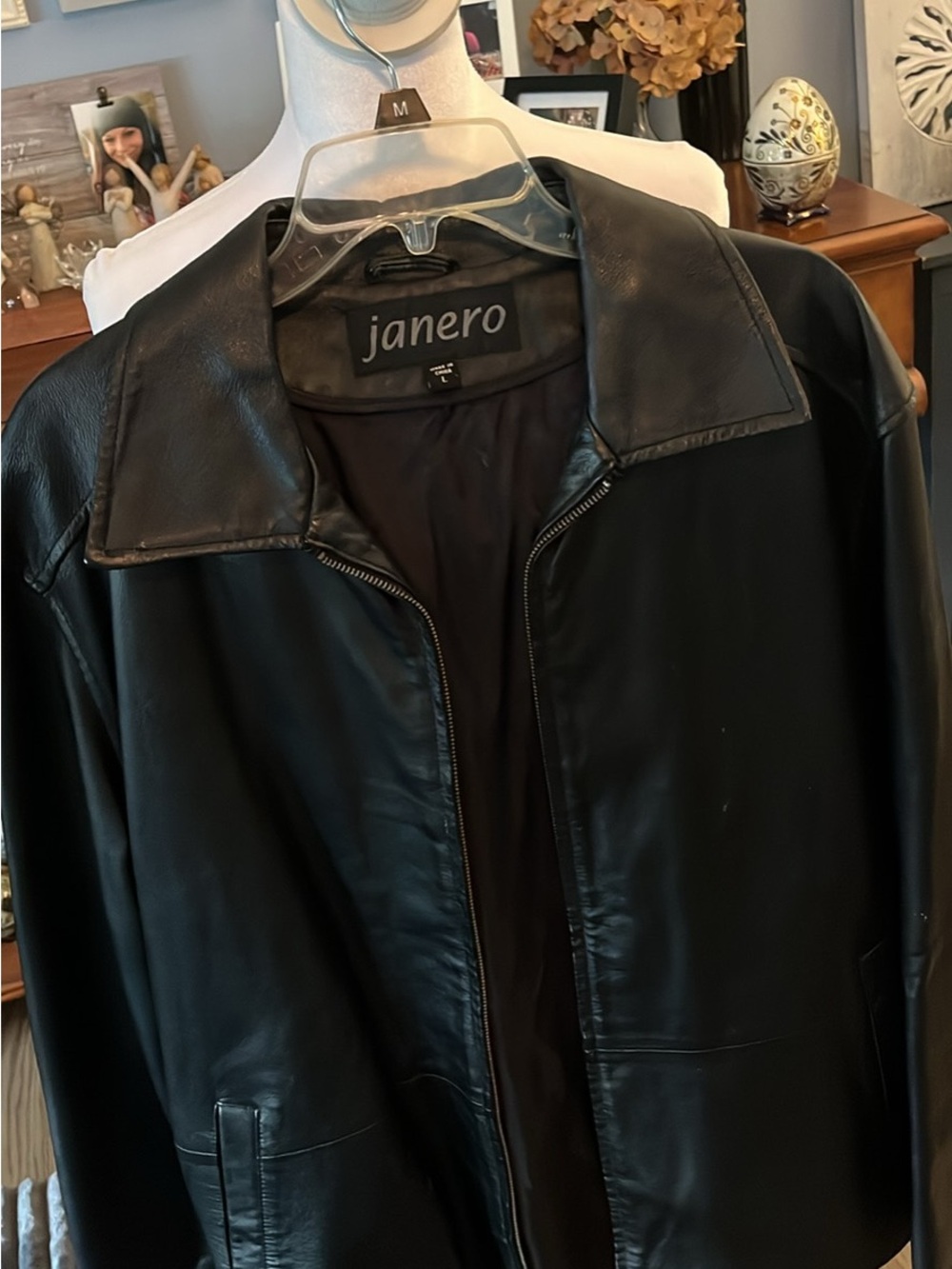 Janero Men's Black Leather Bomber - Classic Zip Jacket